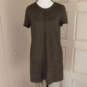 Love Riche Olive Greenish grey Short Sleeve Suede-Look Shift Dress